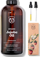 Organic Jojoba Oil 100Ml - 100% Pure, Natural and Cold Pressed - Face, Body, Hair, Beard, Nails - Vegan and Cruelty Free - Glass Bottle + Pipette + Pump