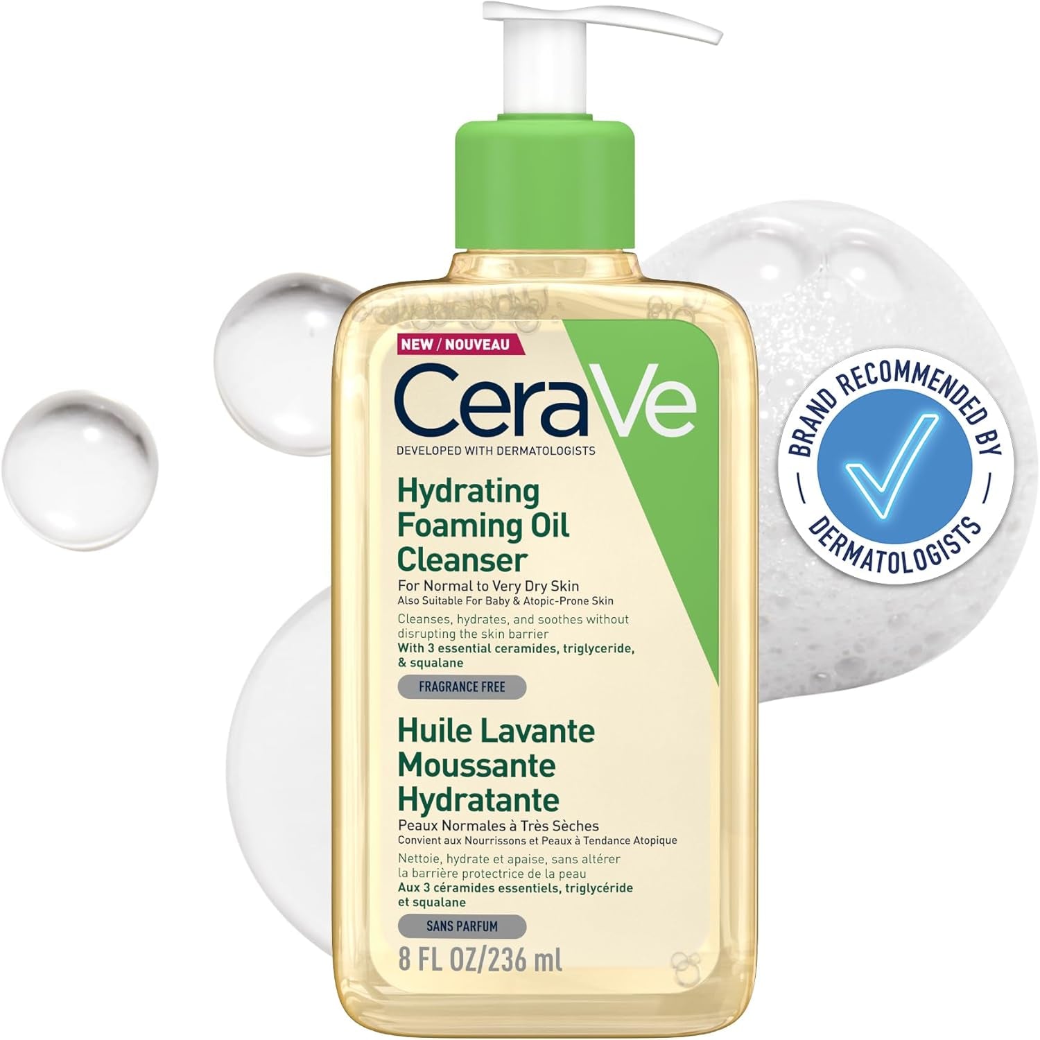 Cerave Hydrating Foaming Oil Cleanser for Normal to Very Dry Skin with Squalane, Triglyceride and 3 Essential Ceramides, for Face and Body