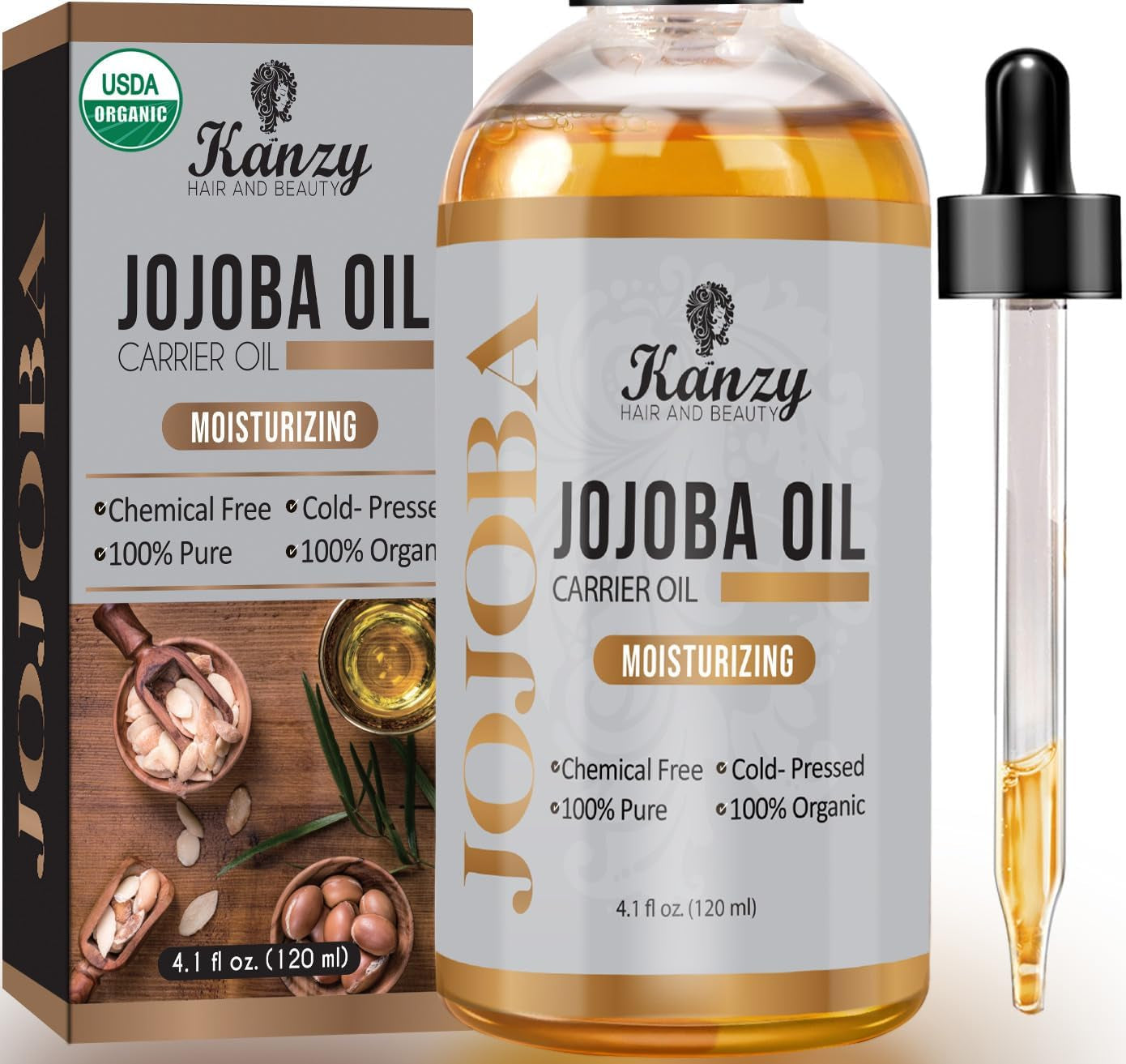 Kanzy Jojoba Oil Organic Cold Pressed 120Ml - 100% Pure Jojoba Oil for Hair, Nails, Eyelash & Eyebrow Growth - Vegan & Cruelty Free Jojoba Oil for Skin, Face & Body as Carrier, Massage Oil