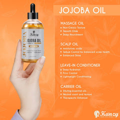 Kanzy Jojoba Oil Organic Cold Pressed 120Ml - 100% Pure Jojoba Oil for Hair, Nails, Eyelash & Eyebrow Growth - Vegan & Cruelty Free Jojoba Oil for Skin, Face & Body as Carrier, Massage Oil