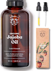 Organic Jojoba Oil 50Ml - 100% Pure, Natural and Cold Pressed - Face, Body, Hair, Beard, Nails - Vegan and Cruelty Free - Glass Bottle + Pipette + Pump