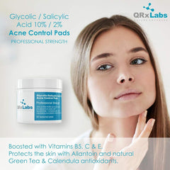 Glycolic/Salicylic Acid 10/2 Acne Control Pads with 10% Ultra Pure Glycolic Acid + 2% Salicylic Acid, Allantoin, Vitamins B5, C & E, Calendula & Green Tea - Most Effective Acne Treatment - Clear Skin