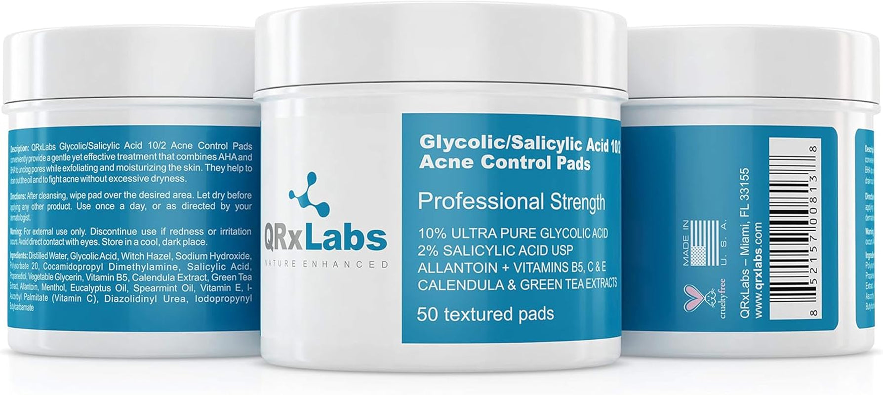 Glycolic/Salicylic Acid 10/2 Acne Control Pads with 10% Ultra Pure Glycolic Acid + 2% Salicylic Acid, Allantoin, Vitamins B5, C & E, Calendula & Green Tea - Most Effective Acne Treatment - Clear Skin